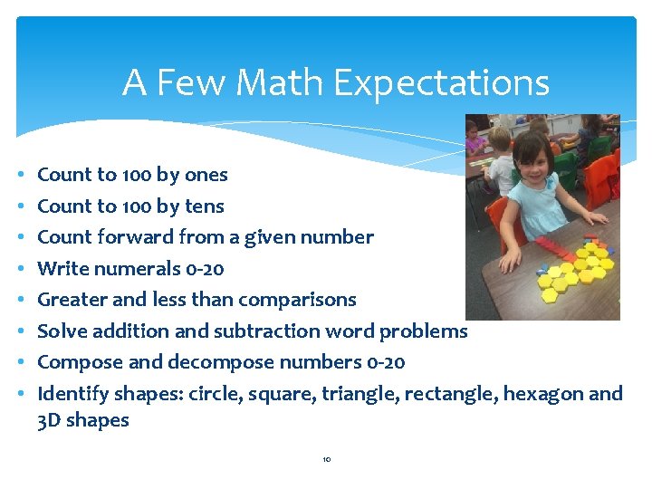 A Few Math Expectations • • Count to 100 by ones Count to 100