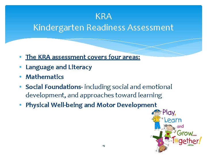 KRA Kindergarten Readiness Assessment The KRA assessment covers four areas: Language and Literacy Mathematics