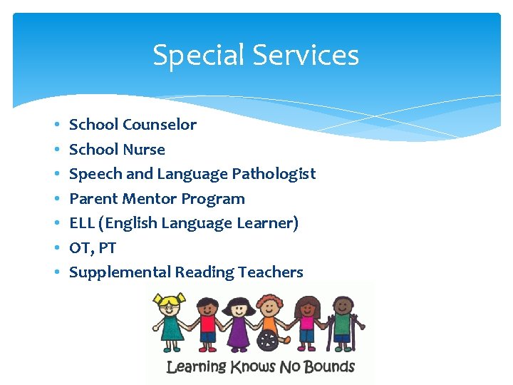 Special Services • • School Counselor School Nurse Speech and Language Pathologist Parent Mentor