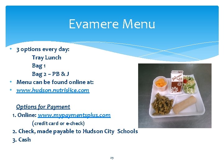 Evamere Menu • 3 options every day: Tray Lunch Bag 1 Bag 2 –