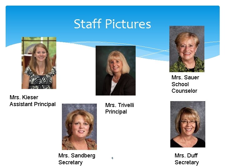 Staff Pictures Mrs. Sauer School Counselor Mrs. Kieser Assistant Principal Mrs. Trivelli Principal Mrs.
