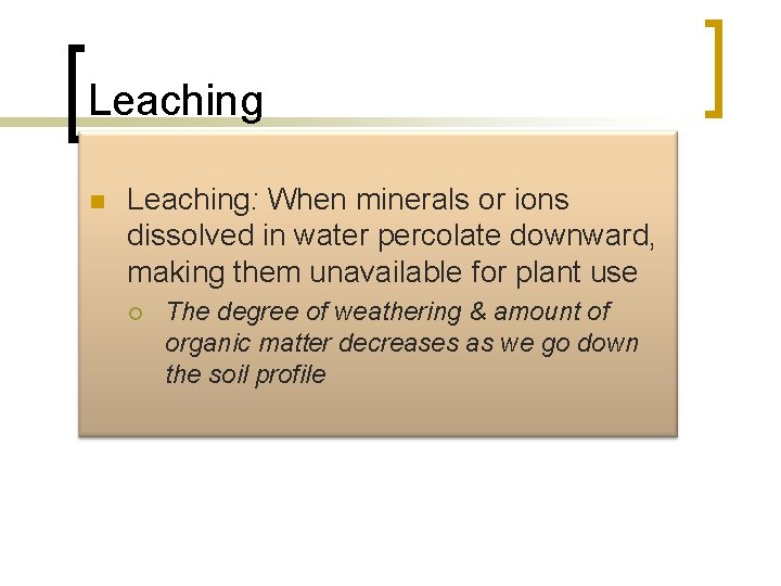 Leaching n Leaching: When minerals or ions dissolved in water percolate downward, making them
