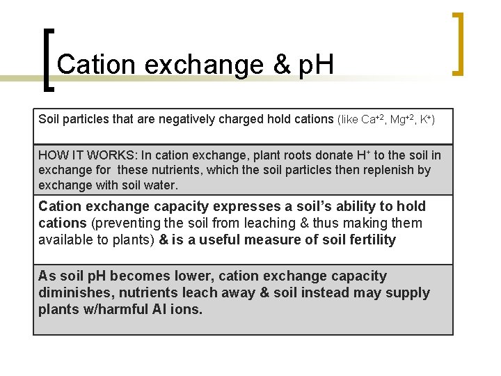 Cation exchange & p. H Soil particles that are negatively charged hold cations (like