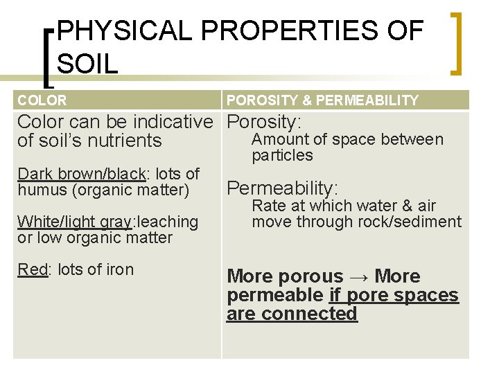 PHYSICAL PROPERTIES OF SOIL COLOR POROSITY & PERMEABILITY Color can be indicative Porosity: Amount