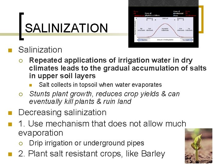 SALINIZATION n Salinization ¡ Repeated applications of irrigation water in dry climates leads to