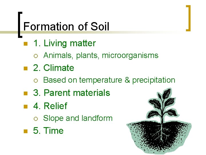 Formation of Soil n 1. Living matter ¡ n 2. Climate ¡ n n