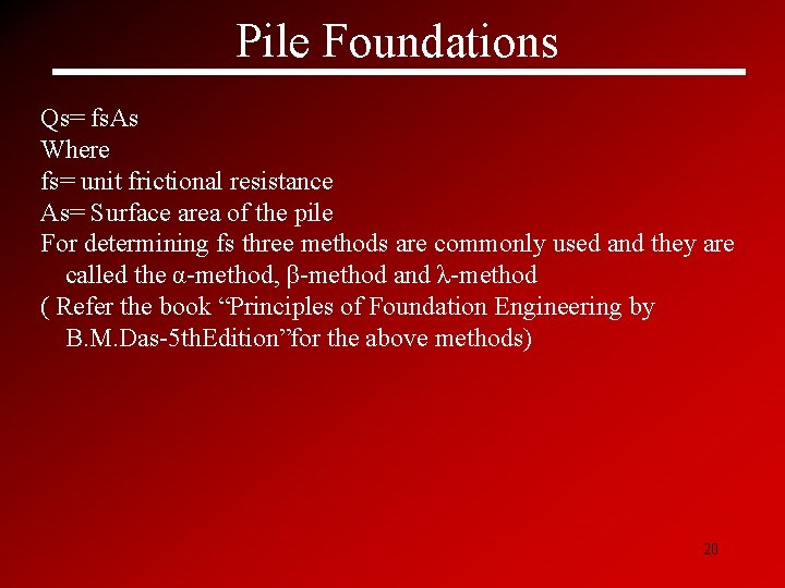 Pile Foundations Qs= fs. As Where fs= unit frictional resistance As= Surface area of