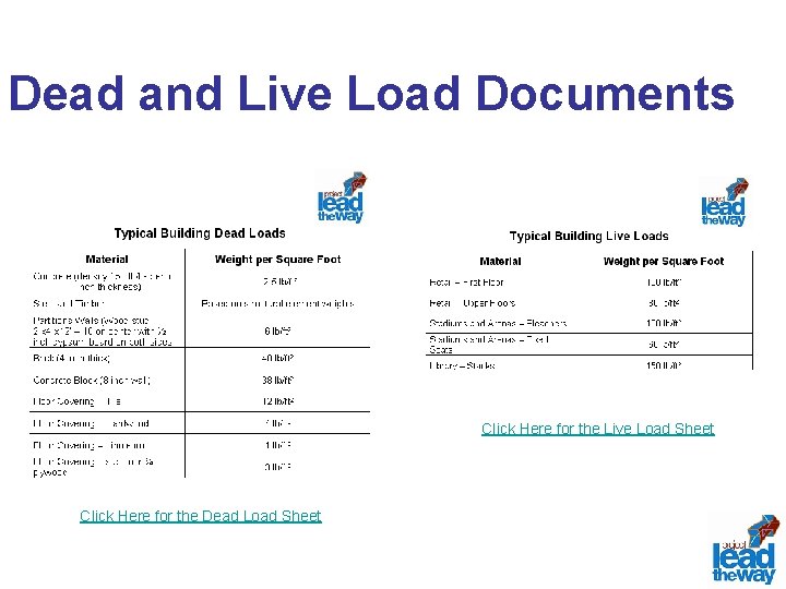 Dead and Live Load Documents Click Here for the Live Load Sheet Click Here