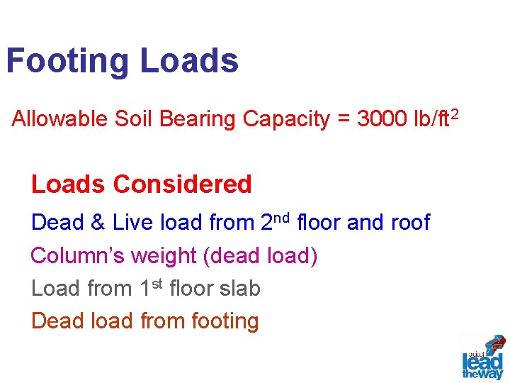 Footing Loads Allowable Soil Bearing Capacity = 3000 lb/ft 2 Loads Considered Dead &