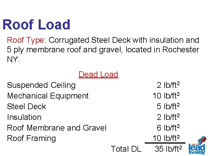 Roof Load Roof Type: Corrugated Steel Deck with insulation and 5 ply membrane roof