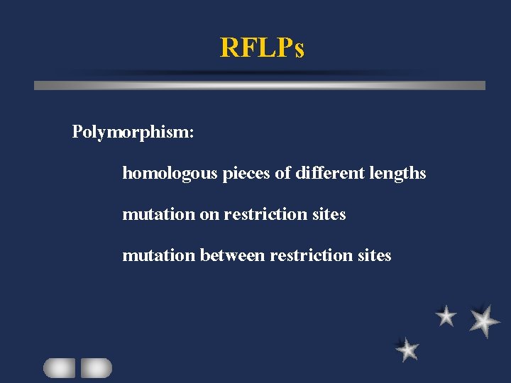 RFLPs Polymorphism: homologous pieces of different lengths mutation on restriction sites mutation between restriction