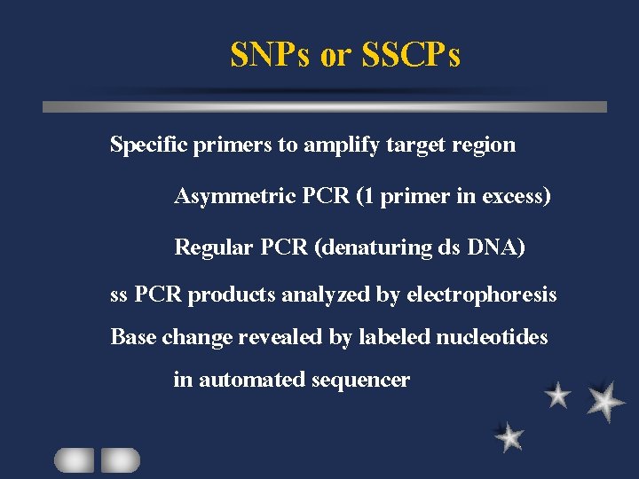 SNPs or SSCPs Specific primers to amplify target region Asymmetric PCR (1 primer in