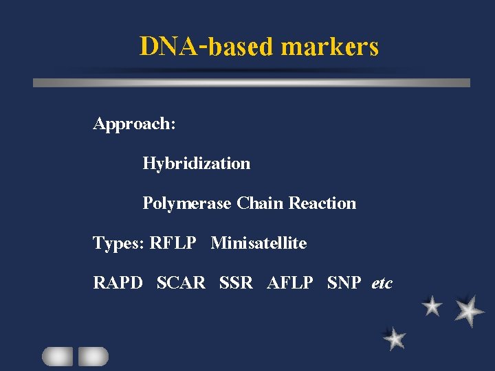 DNA-based markers Approach: Hybridization Polymerase Chain Reaction Types: RFLP Minisatellite RAPD SCAR SSR AFLP