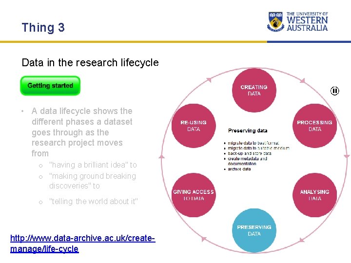 Thing 3 Data in the research lifecycle • A data lifecycle shows the different Thing 3 Data in the research lifecycle • A data lifecycle shows the different