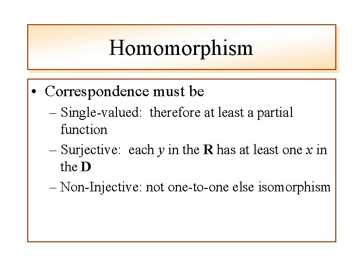 Homomorphism • Correspondence must be – Single-valued: therefore at least a partial function –