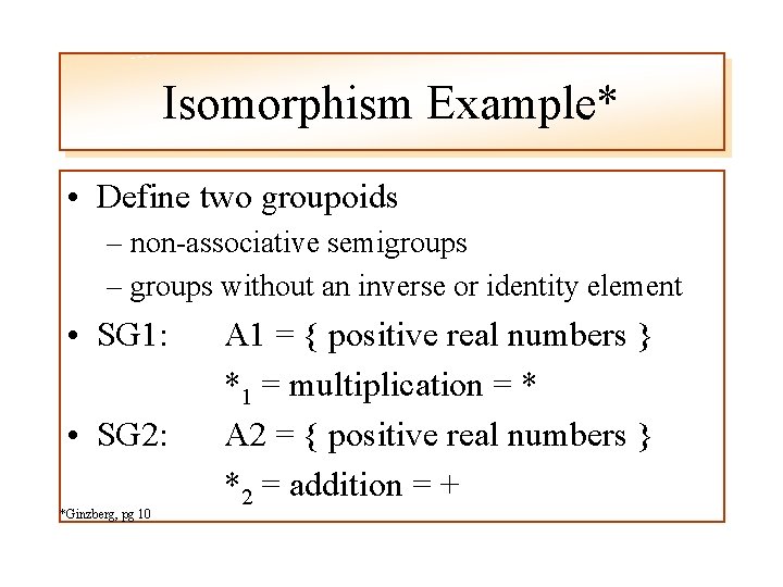 Isomorphism Example* • Define two groupoids – non-associative semigroups – groups without an inverse