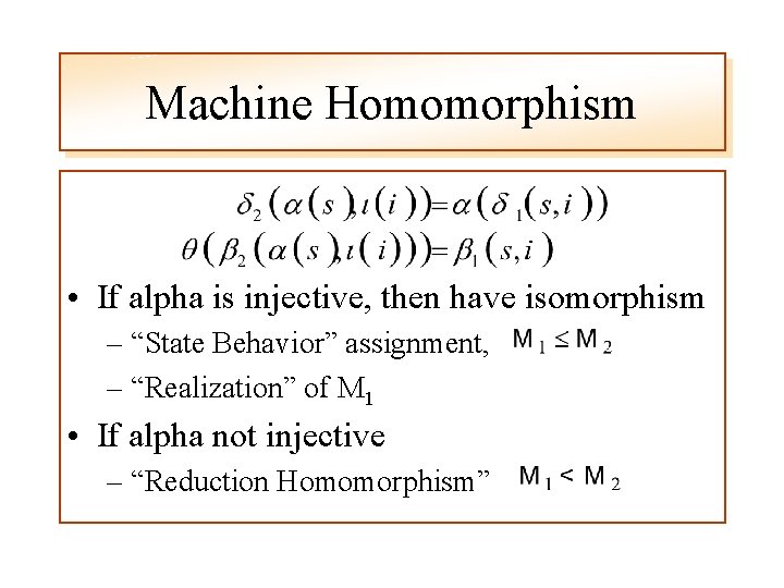 Machine Homomorphism • If alpha is injective, then have isomorphism – “State Behavior” assignment,