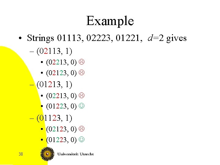 Example • Strings 01113, 02223, 01221, d=2 gives – (02113, 1) • (02213, 0)