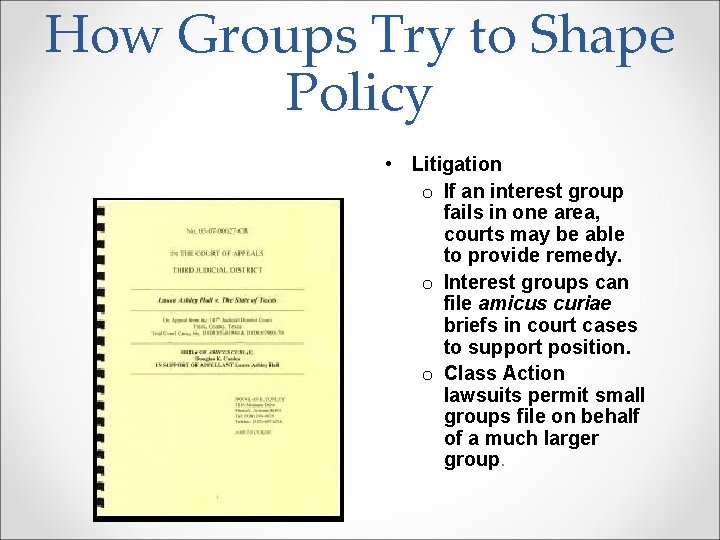 How Groups Try to Shape Policy • Litigation o If an interest group fails