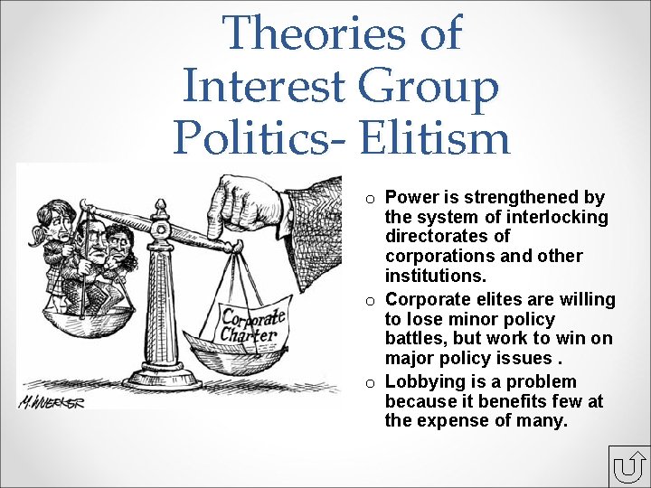 Theories of Interest Group Politics- Elitism o Power is strengthened by the system of