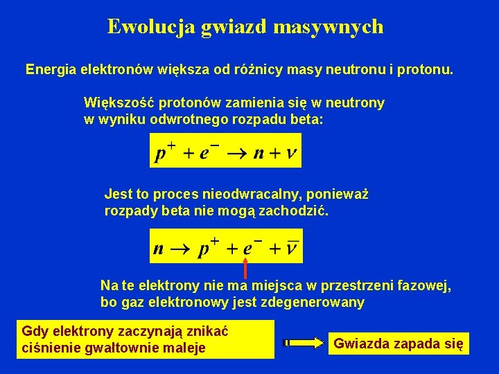 Ewolucja gwiazd masywnych Energia elektronów większa od różnicy masy neutronu i protonu. Większość protonów