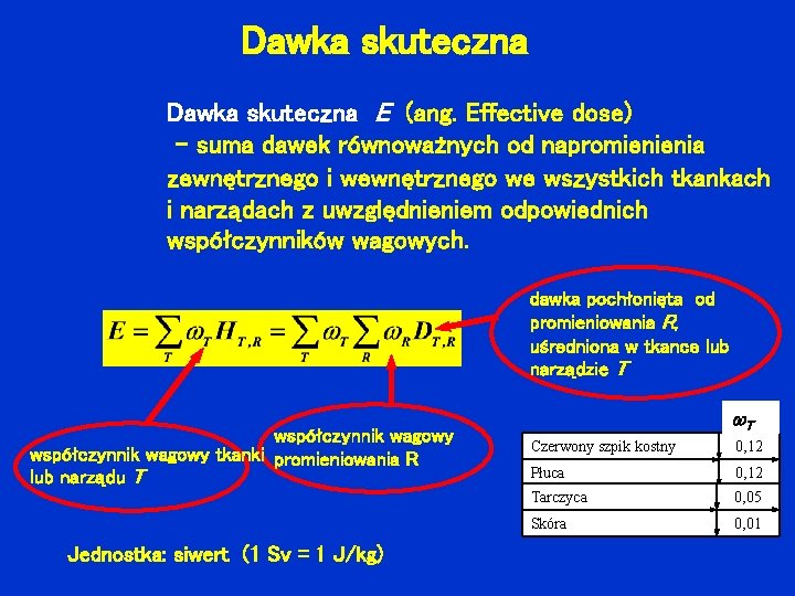 Dawka skuteczna E (ang. Effective dose) - suma dawek równoważnych od napromienienia zewnętrznego i