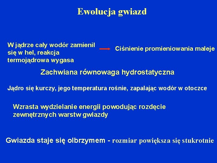 Ewolucja gwiazd W jądrze cały wodór zamienił się w hel, reakcja termojądrowa wygasa Ciśnienie