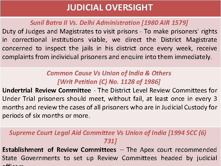 JUDICIAL OVERSIGHT Sunil Batra II Vs. Delhi Administration [1980 AIR 1579] Duty of Judges