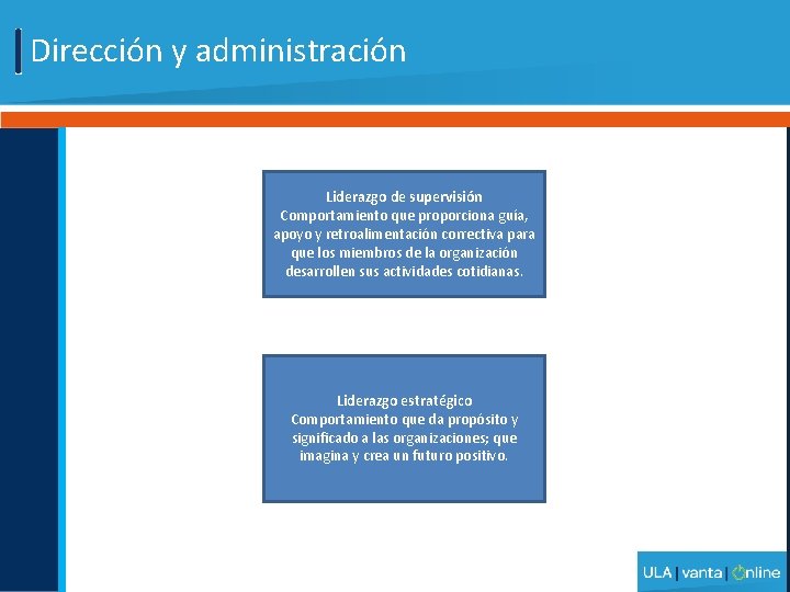 Dirección y administración Liderazgo de supervisión Comportamiento que proporciona guía, apoyo y retroalimentación correctiva