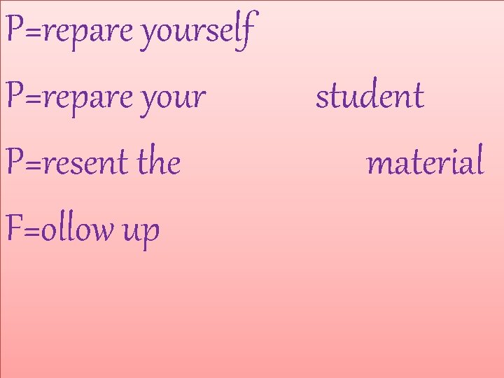 P=repare yourself P=repare your P=resent the F=ollow up student material 