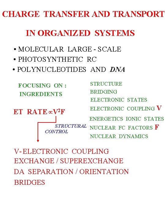 CHARGE TRANSFER AND TRANSPORT IN ORGANIZED SYSTEMS • MOLECULAR LARGE - SCALE • PHOTOSYNTHETIC