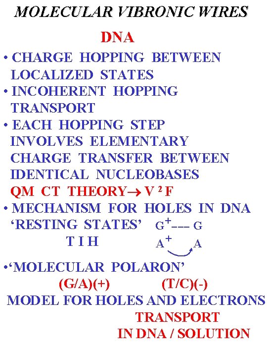 MOLECULAR VIBRONIC WIRES DNA • CHARGE HOPPING BETWEEN LOCALIZED STATES • INCOHERENT HOPPING TRANSPORT