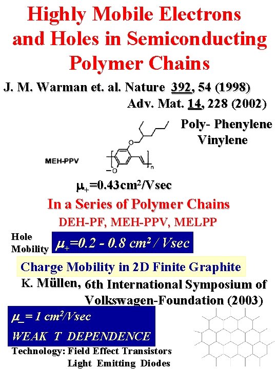 Highly Mobile Electrons and Holes in Semiconducting Polymer Chains J. M. Warman et. al.