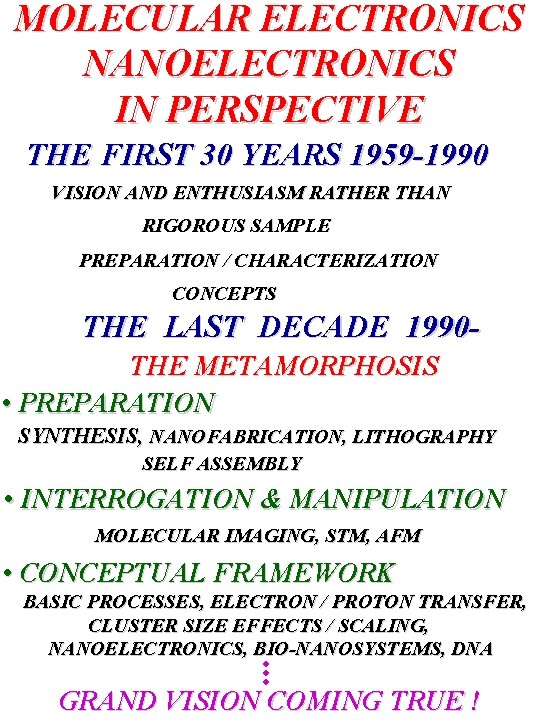 MOLECULAR ELECTRONICS NANOELECTRONICS IN PERSPECTIVE THE FIRST 30 YEARS 1959 -1990 VISION AND ENTHUSIASM