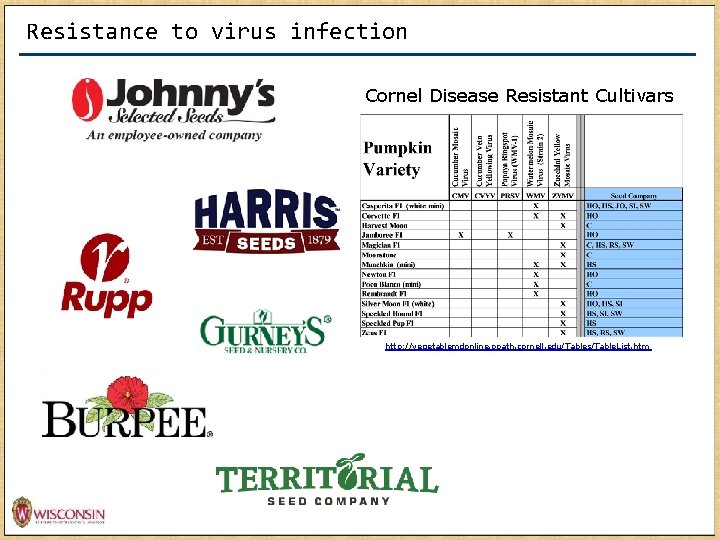 Resistance to virus infection Cornel Disease Resistant Cultivars http: //vegetablemdonline. ppath. cornell. edu/Tables/Table. List.