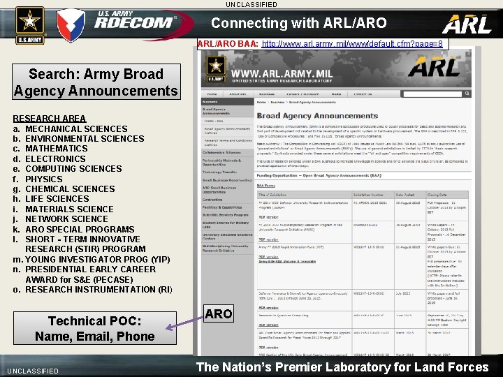 UNCLASSIFIED Connecting with ARL/ARO BAA: http: //www. arl. army. mil/www/default. cfm? page=8 Search: Army