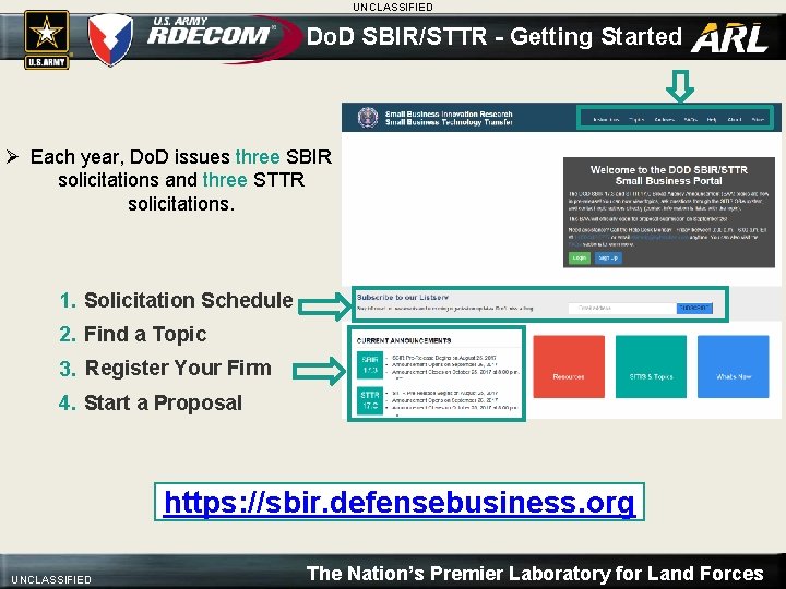 UNCLASSIFIED Do. D SBIR/STTR - Getting Started Ø Each year, Do. D issues three