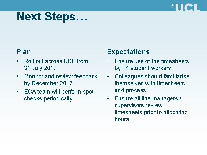 Next Steps… Plan Expectations • Roll out across UCL from 31 July 2017 •