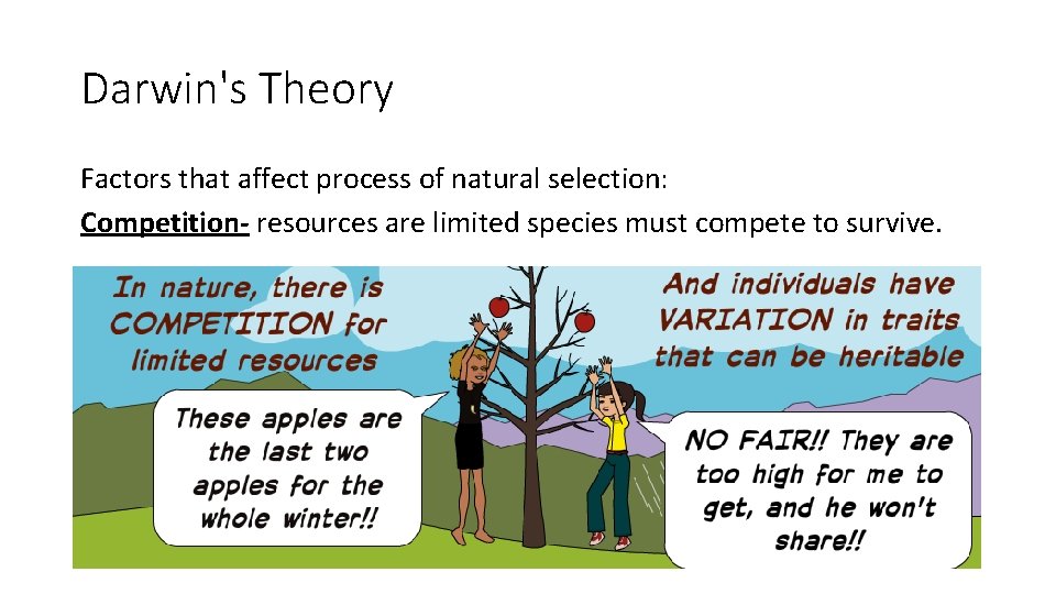 Darwin's Theory Factors that affect process of natural selection: Competition- resources are limited species