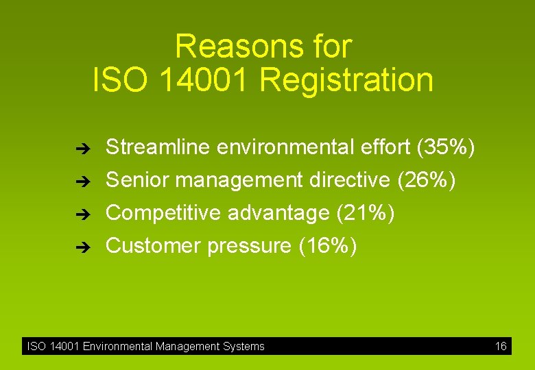 Reasons for ISO 14001 Registration è Streamline environmental effort (35%) è Senior management directive