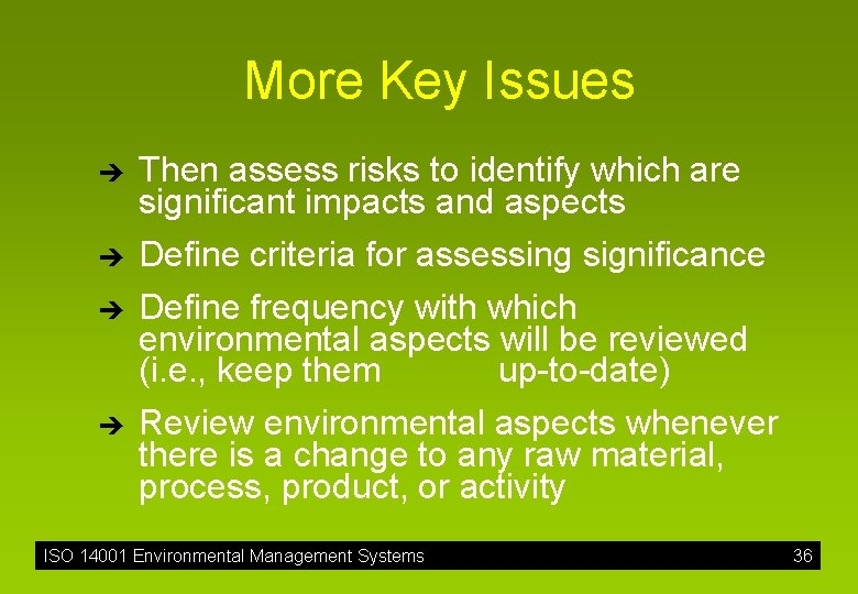 More Key Issues è è Then assess risks to identify which are significant impacts