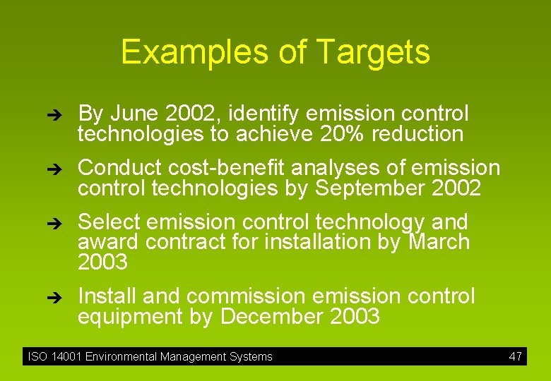 Examples of Targets è è By June 2002, identify emission control technologies to achieve