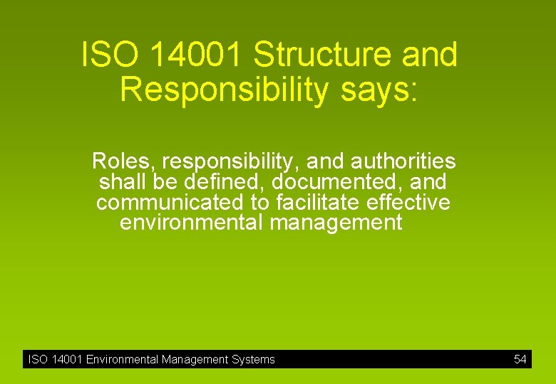 ISO 14001 Structure and Responsibility says: Roles, responsibility, and authorities shall be defined, documented,