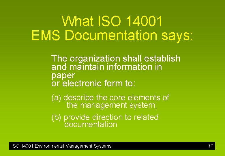 What ISO 14001 EMS Documentation says: The organization shall establish and maintain information in