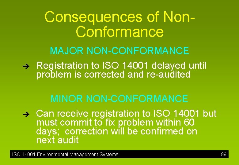 Consequences of Non. Conformance MAJOR NON-CONFORMANCE è è Registration to ISO 14001 delayed until