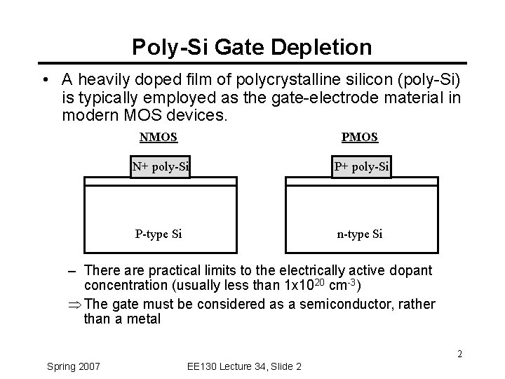 Poly-Si Gate Depletion • A heavily doped film of polycrystalline silicon (poly-Si) is typically