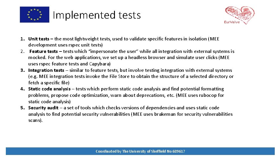Implemented tests 1. Unit tests – the most lightweight tests, used to validate specific