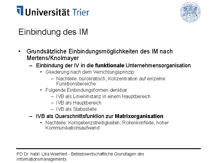 Einbindung des IM • Grundsätzliche Einbindungsmöglichkeiten des IM nach Mertens/Knolmayer – Einbindung der IV