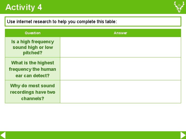 Activity 4 Use internet research to help you complete this table: Question Is a