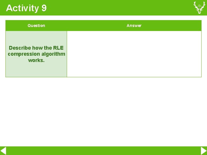Activity 9 Question Describe how the RLE compression algorithm works. Answer 